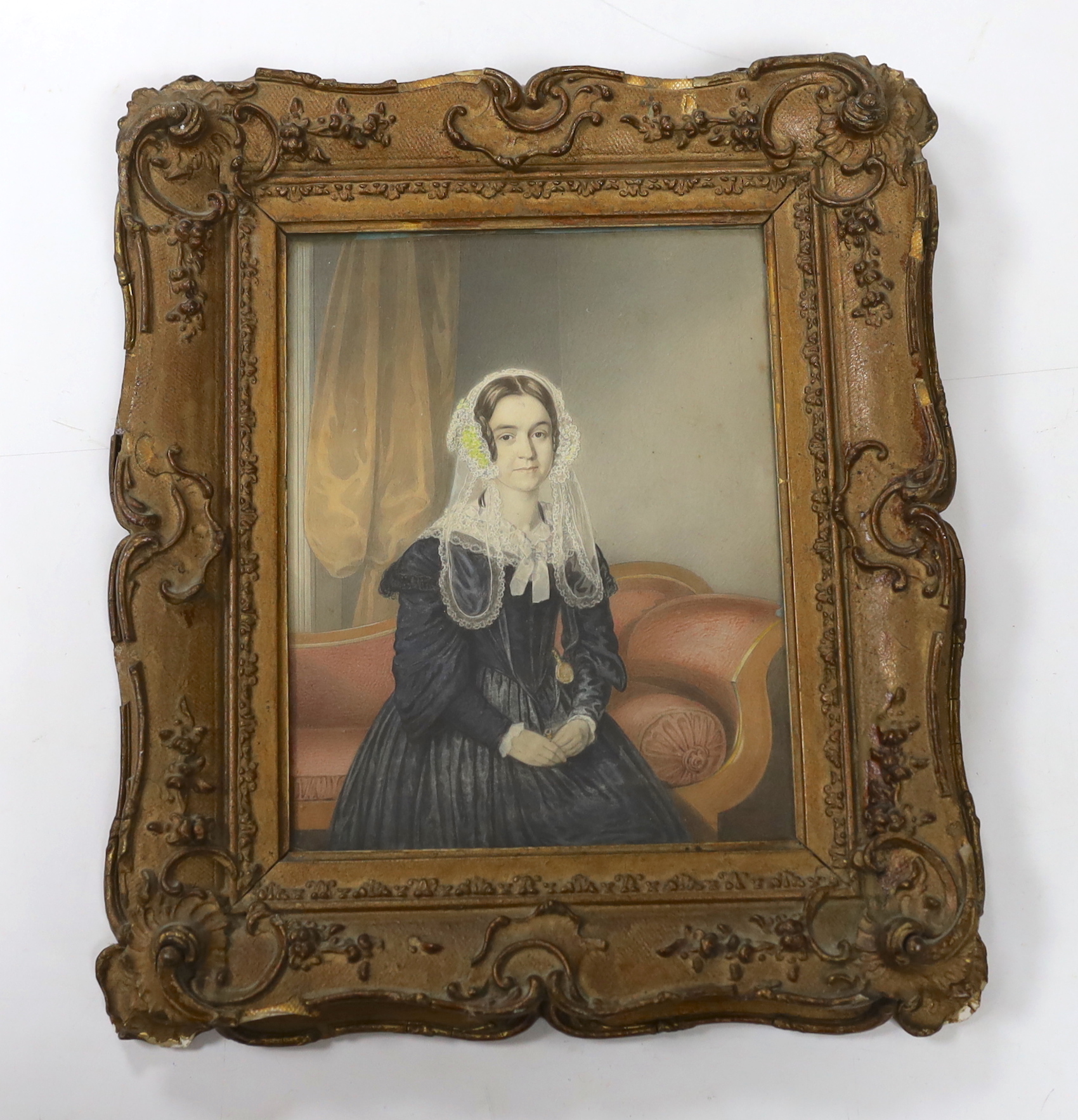 W.W. Waite (19th. C), watercolour on card, Portrait of a seated lady wearing a lace bonnet and collar, signed and dated 1844, 22 x 17cm